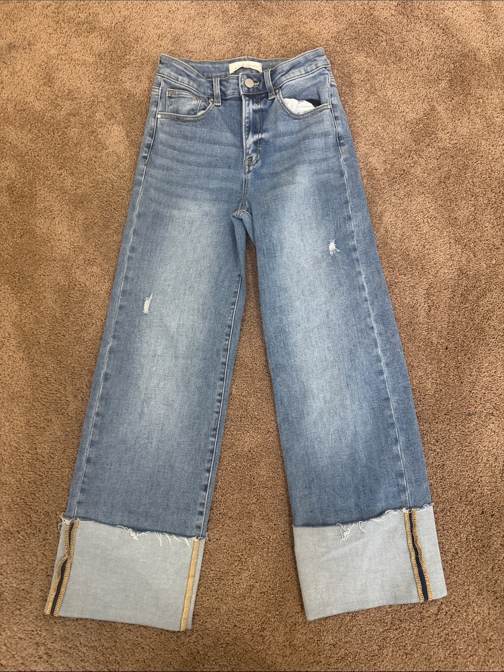 High-Rise Wide Leg Cuffed Jeans in Light Blue Denim